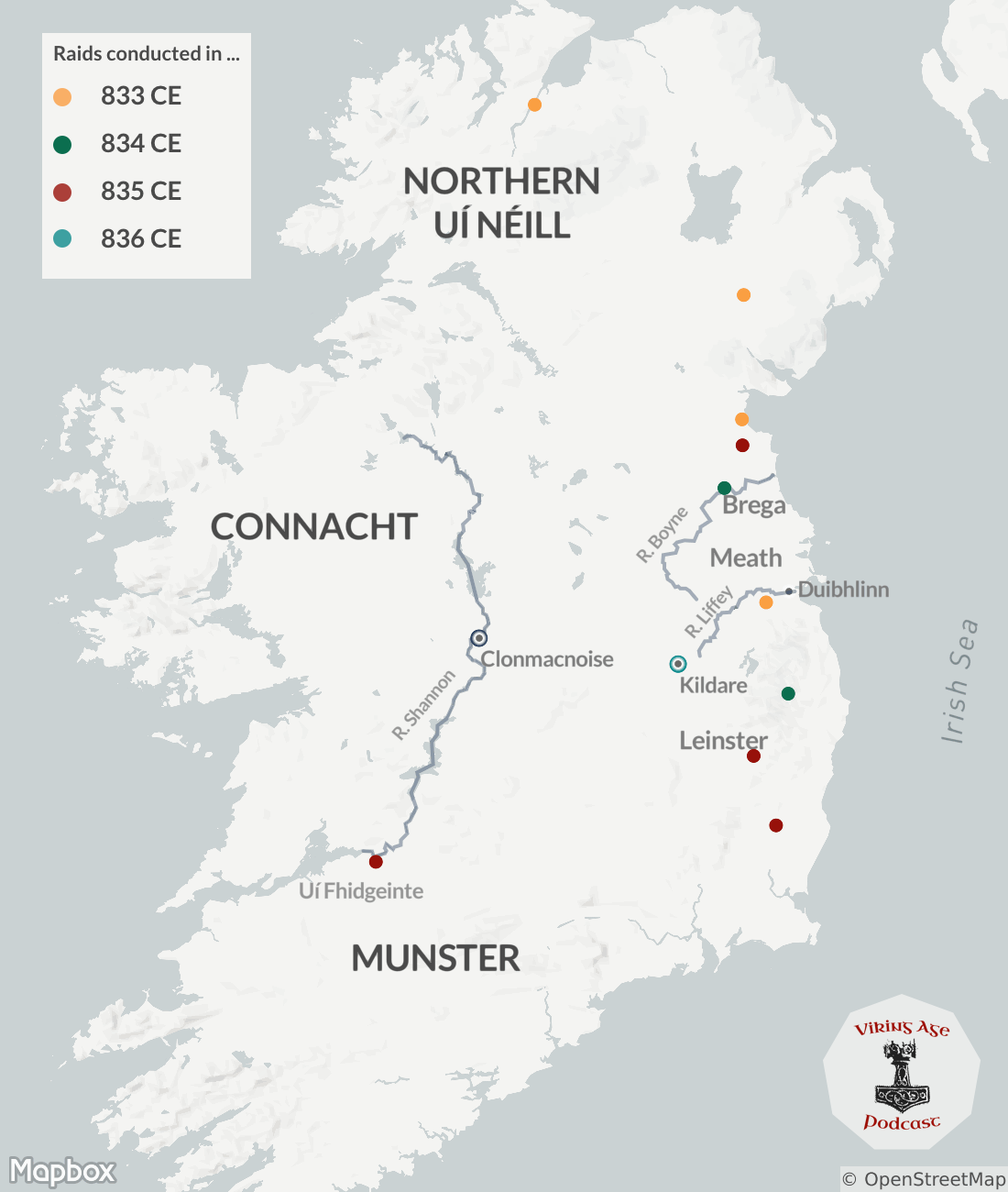 Map of Viking Raids on Ireland between 833 and 837 CE