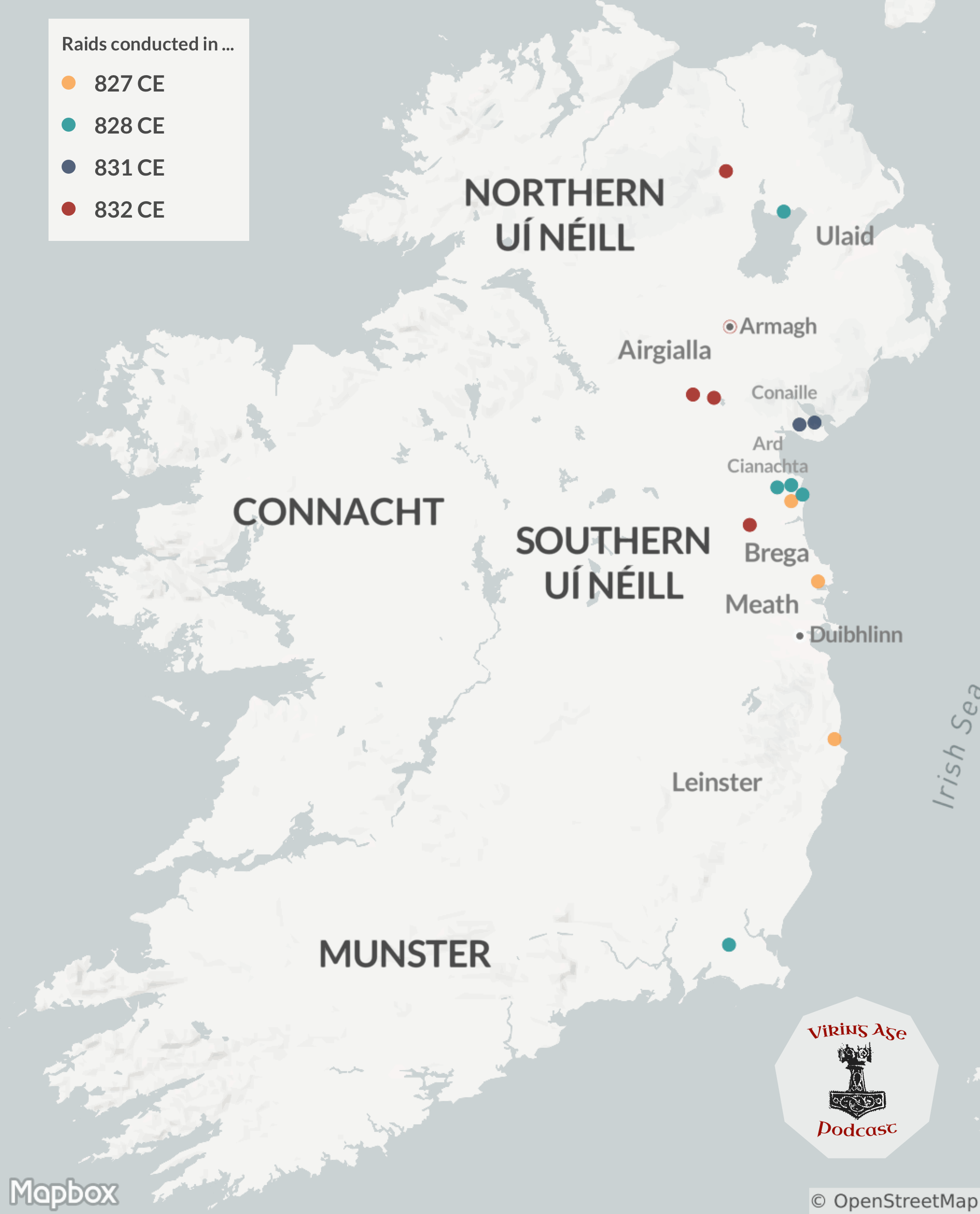 Map of Viking Raids on Ireland between 827 and 832 CE